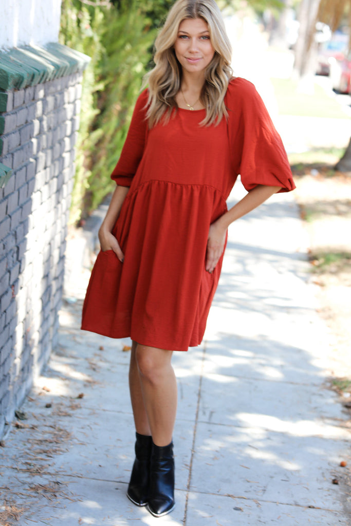 Rust Three Quarter Puff Sleeve Babydoll Dress-Timber Brooke Boutique, Online Women's Fashion Boutique in Amarillo, Texas
