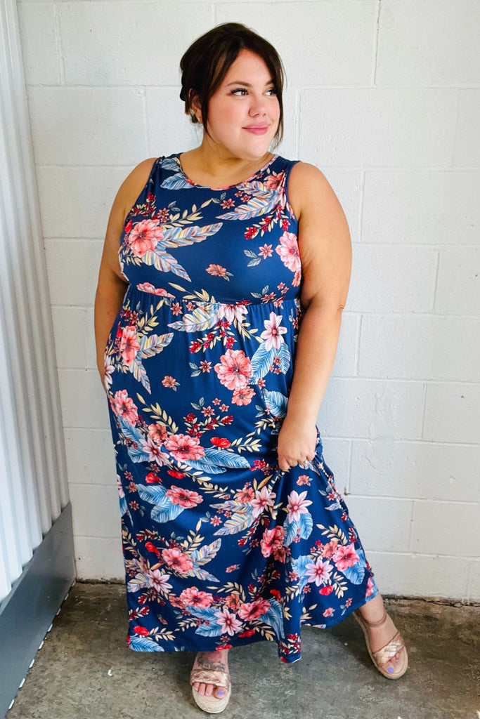 Navy Floral Fit and Flare Sleeveless Maxi Dress-Timber Brooke Boutique, Online Women's Fashion Boutique in Amarillo, Texas