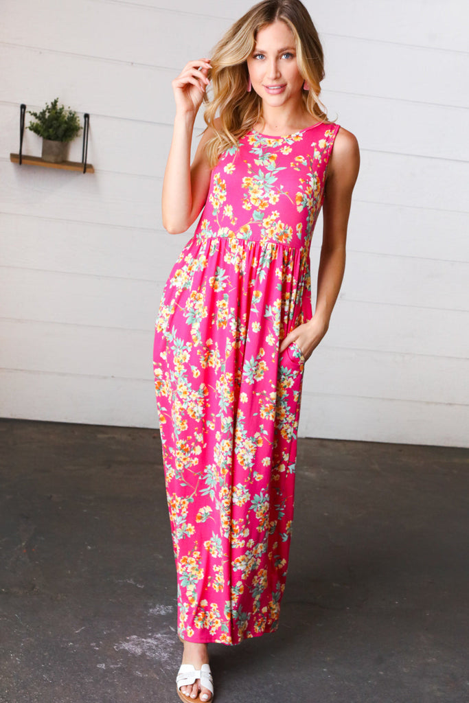 Yellow & Fuchsia Floral Fit and Flare Sleeveless Maxi Dress-Timber Brooke Boutique, Online Women's Fashion Boutique in Amarillo, Texas