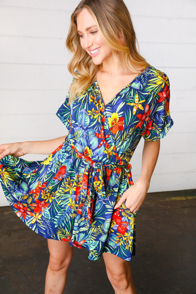 Navy Tropical Floral Surplice Romper-Timber Brooke Boutique, Online Women's Fashion Boutique in Amarillo, Texas