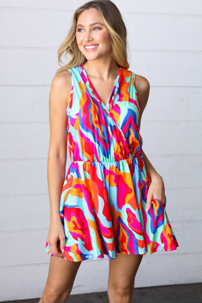 Vibrant Multicolor Abstract Sleeveless Surplice Romper-Timber Brooke Boutique, Online Women's Fashion Boutique in Amarillo, Texas