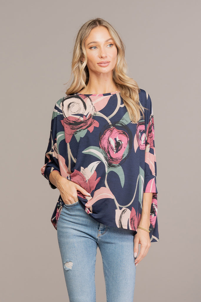 Navy Floral Boxy Top-Long Sleeve Tops-Timber Brooke Boutique, Online Women's Fashion Boutique in Amarillo, Texas