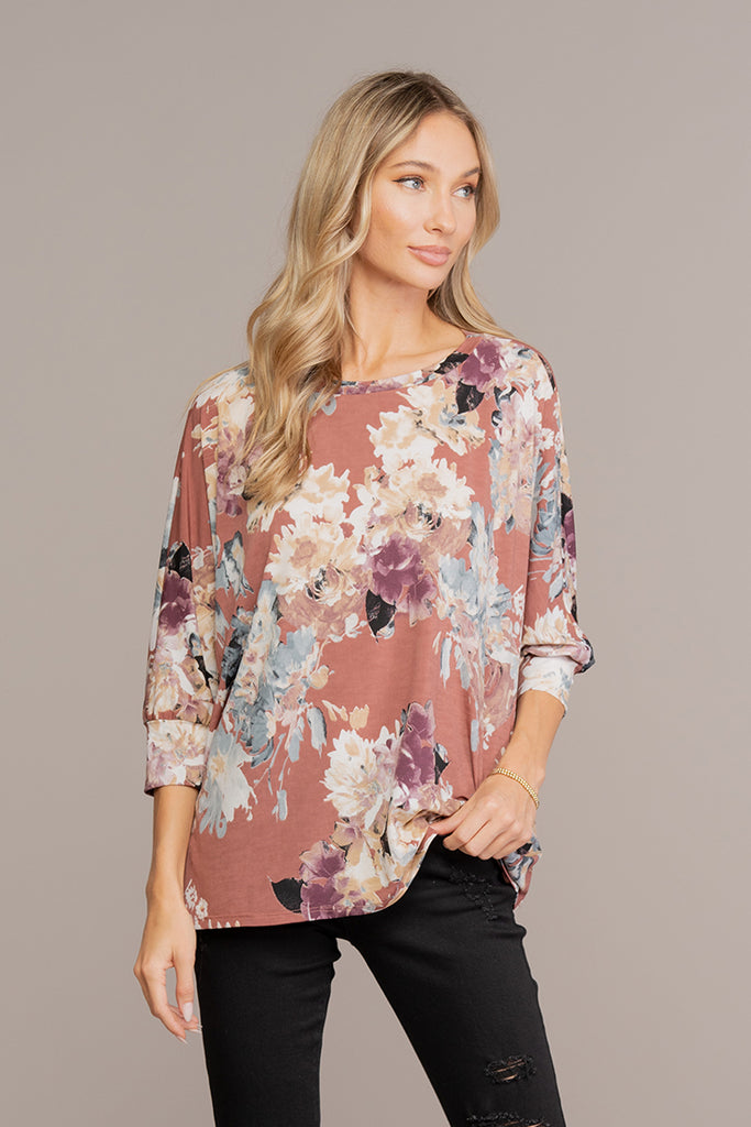 Mauve Floral Boxy Top-Long Sleeve Tops-Timber Brooke Boutique, Online Women's Fashion Boutique in Amarillo, Texas