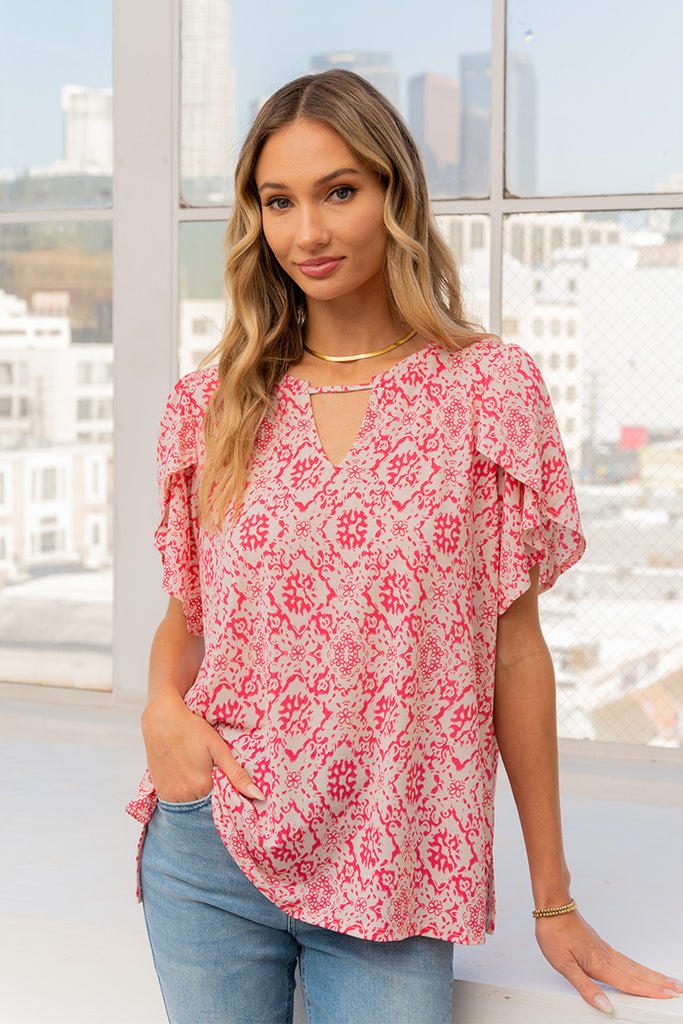 Pink Flutter Sleeve Top-Short Sleeve Top-Timber Brooke Boutique, Online Women's Fashion Boutique in Amarillo, Texas