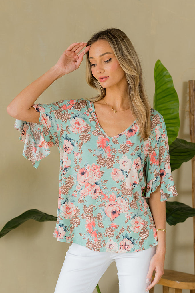 Mint V-Neck Ruffle Top-Short Sleeve Top-Timber Brooke Boutique, Online Women's Fashion Boutique in Amarillo, Texas