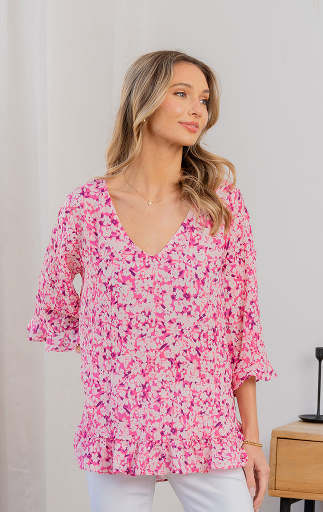 Pink Ruffle Bottom Top-Short Sleeve Top-Timber Brooke Boutique, Online Women's Fashion Boutique in Amarillo, Texas