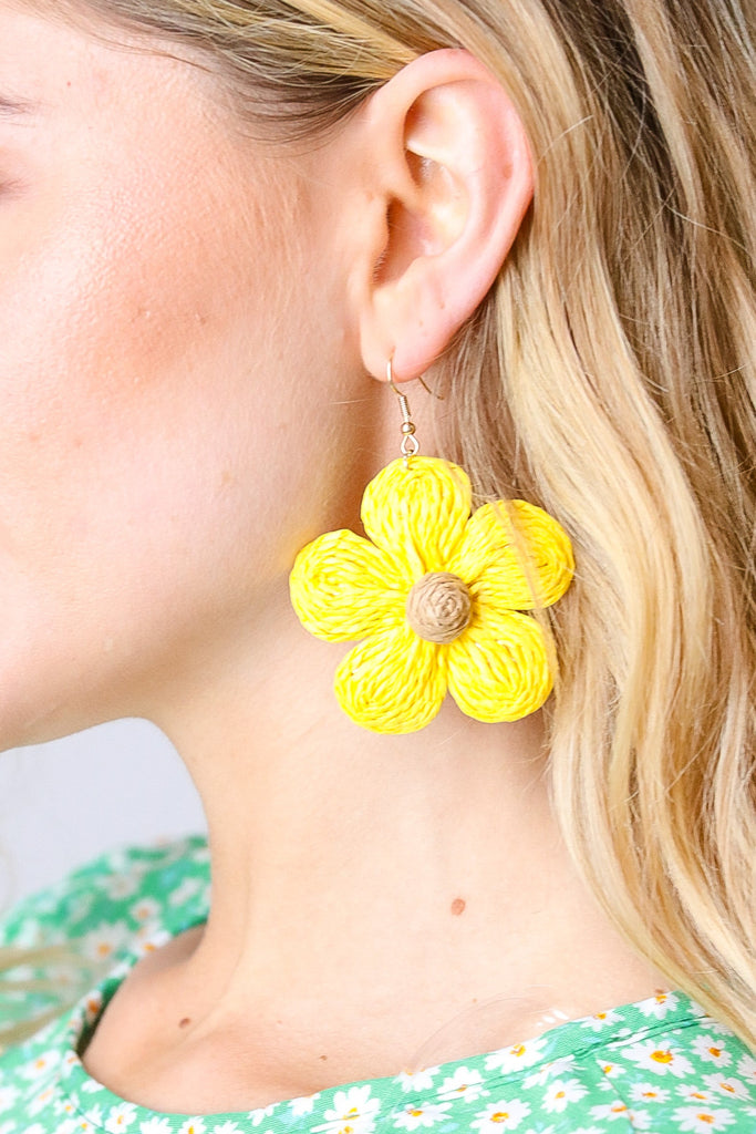 Canary Handwoven Straw Flower Dangle Earrings-Timber Brooke Boutique, Online Women's Fashion Boutique in Amarillo, Texas