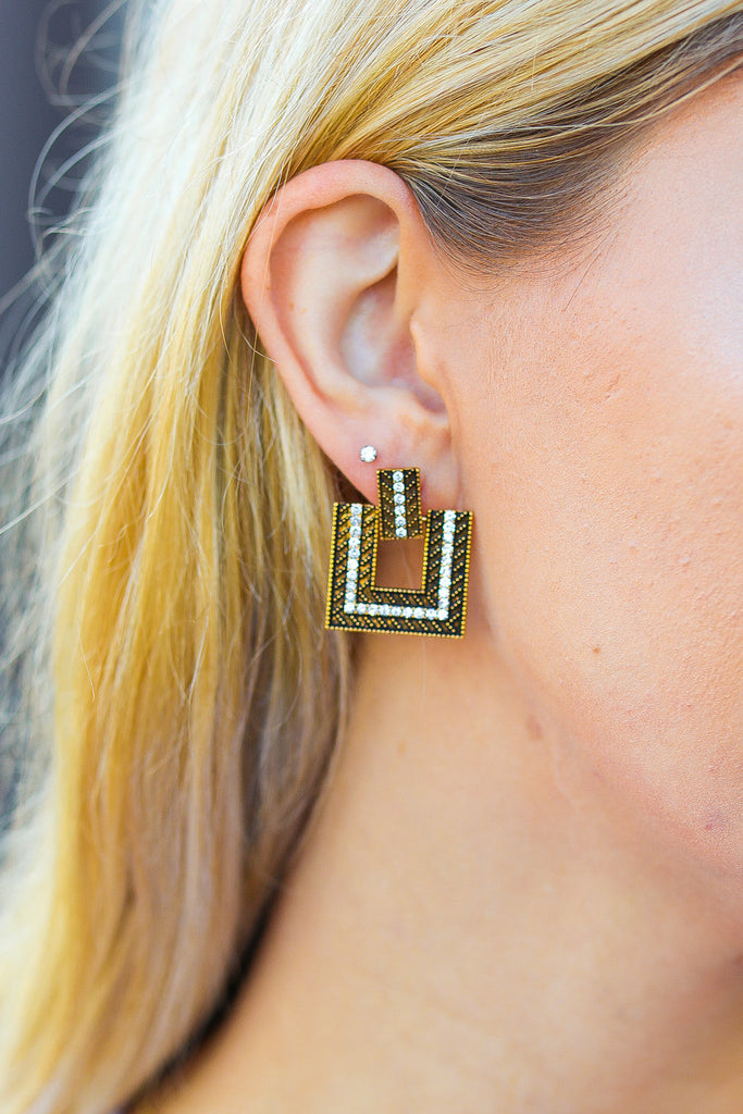 Gold Geometric Rhinestone Detail Dangle Earrings-Timber Brooke Boutique, Online Women's Fashion Boutique in Amarillo, Texas