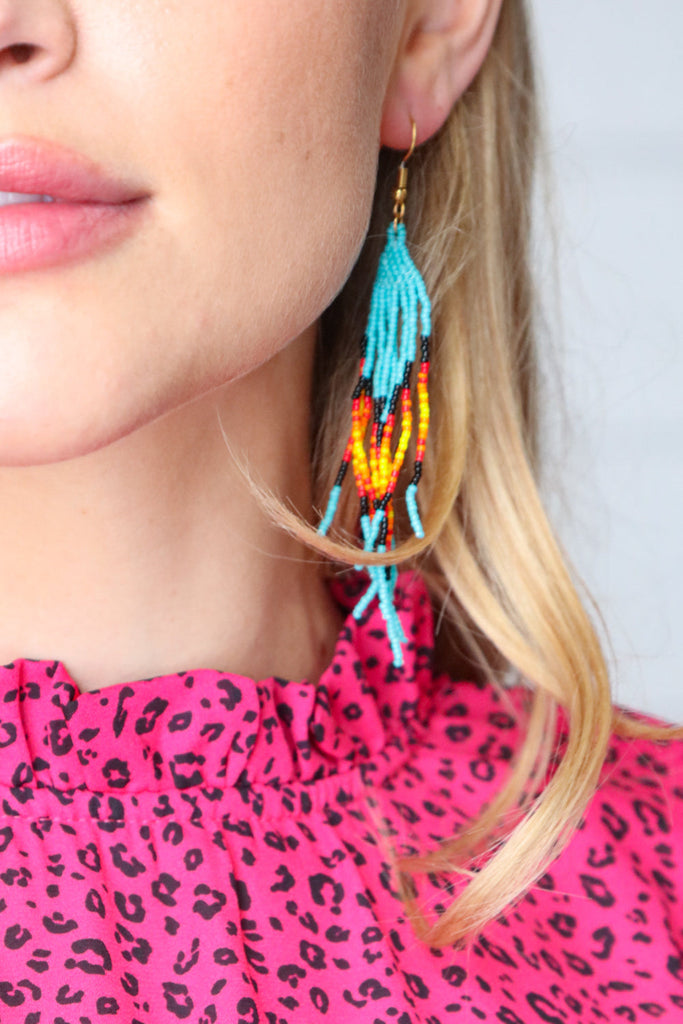 Teal Sunrise Beaded Pyramid Drop Earrings-Timber Brooke Boutique, Online Women's Fashion Boutique in Amarillo, Texas