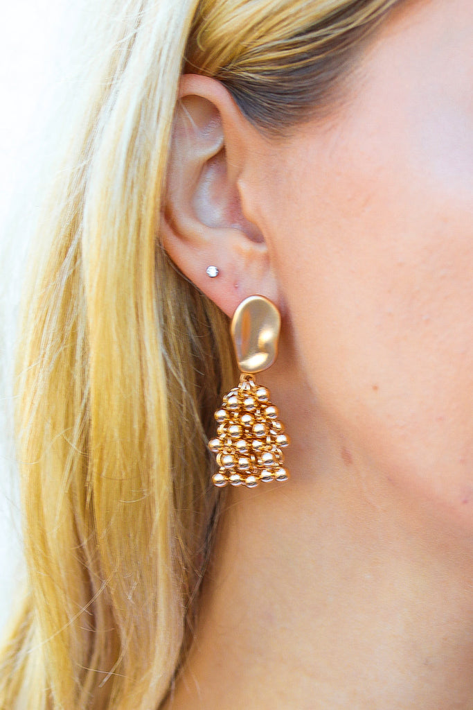 Gold Statement Pom Pom Dangle Earrings-Timber Brooke Boutique, Online Women's Fashion Boutique in Amarillo, Texas