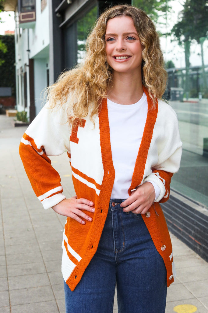 Game Day Burnt Orange "T" Embroidered Cardigan-Timber Brooke Boutique, Online Women's Fashion Boutique in Amarillo, Texas