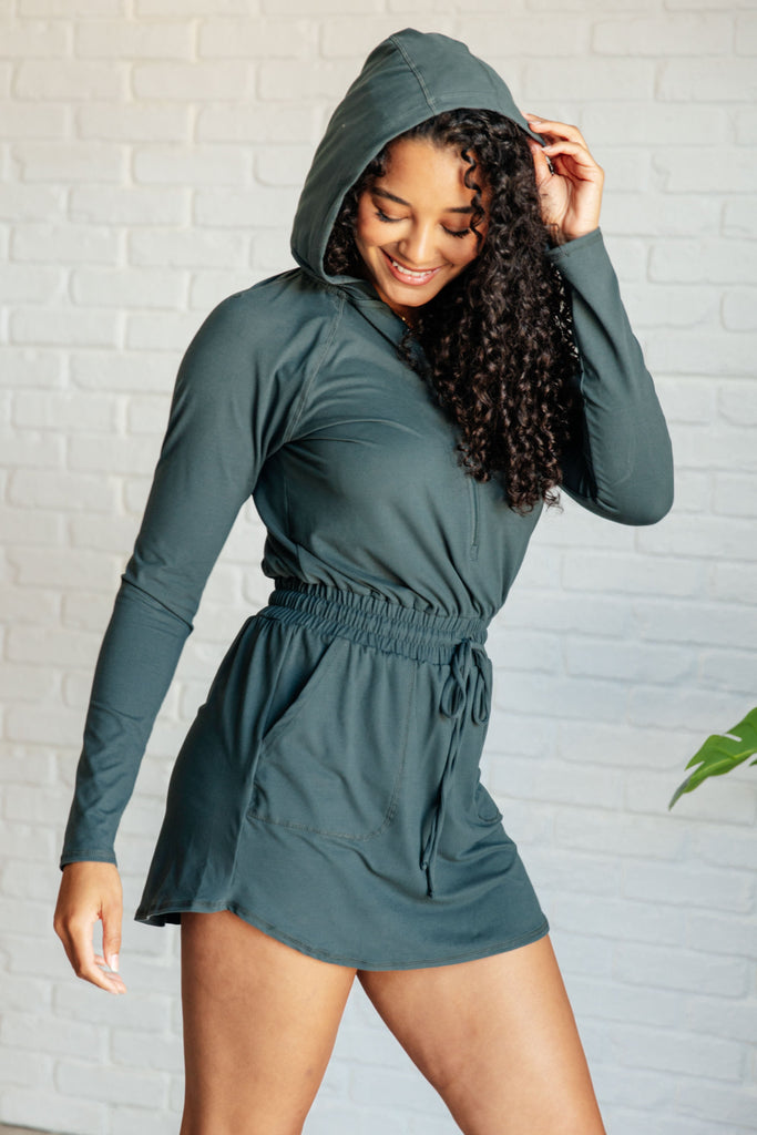 Getting Out Long Sleeve Hoodie Romper in Smoked Spruce-Jumpsuits & Rompers-Timber Brooke Boutique, Online Women's Fashion Boutique in Amarillo, Texas