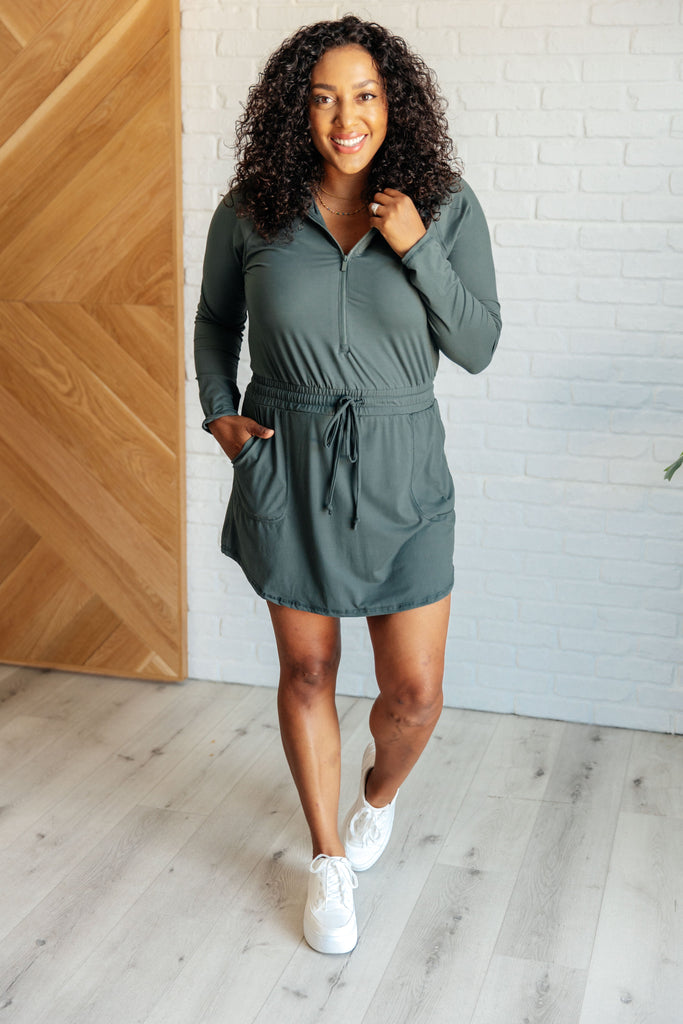 Getting Out Long Sleeve Hoodie Romper in Smoked Spruce-Jumpsuits & Rompers-Timber Brooke Boutique, Online Women's Fashion Boutique in Amarillo, Texas