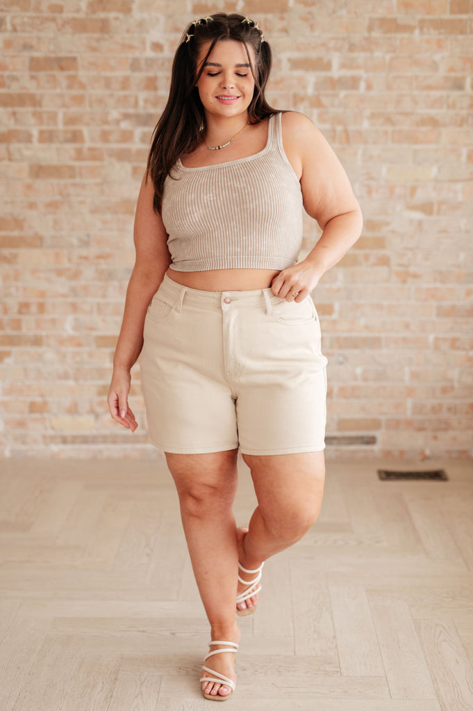 Greta High Rise Garment Dyed Shorts in Bone-Denim-Timber Brooke Boutique, Online Women's Fashion Boutique in Amarillo, Texas