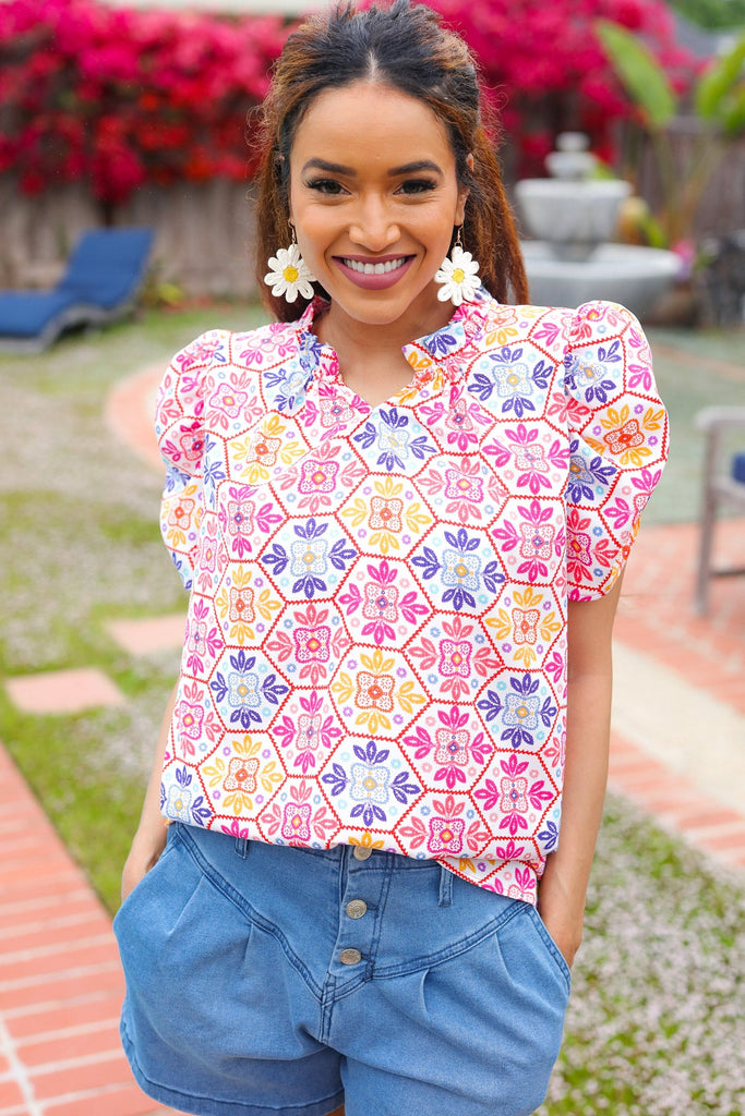 Beautiful You Ivory Floral Lace Frill Notch Neck Puff Sleeve Top-Timber Brooke Boutique, Online Women's Fashion Boutique in Amarillo, Texas