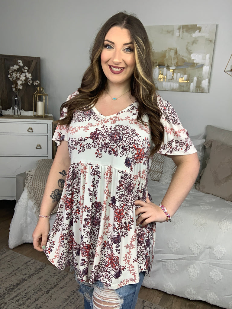 PREORDER! Ivory Floral Damask Babydoll-Short Sleeve Top-Timber Brooke Boutique, Online Women's Fashion Boutique in Amarillo, Texas