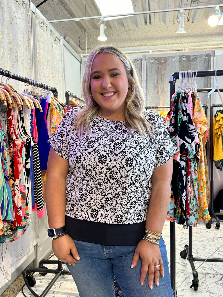 MARKET! Black Drop Waistband Printed Top-Short Sleeve Top-Timber Brooke Boutique, Online Women's Fashion Boutique in Amarillo, Texas