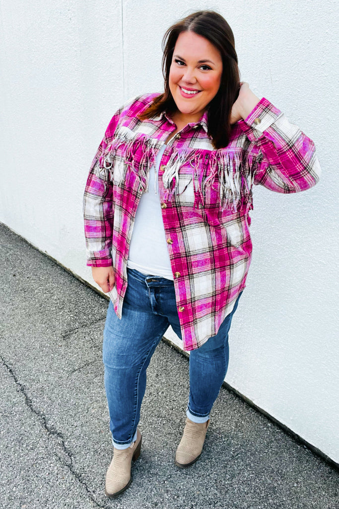 Magenta Plaid Fringe Button Down Shacket-Timber Brooke Boutique, Online Women's Fashion Boutique in Amarillo, Texas