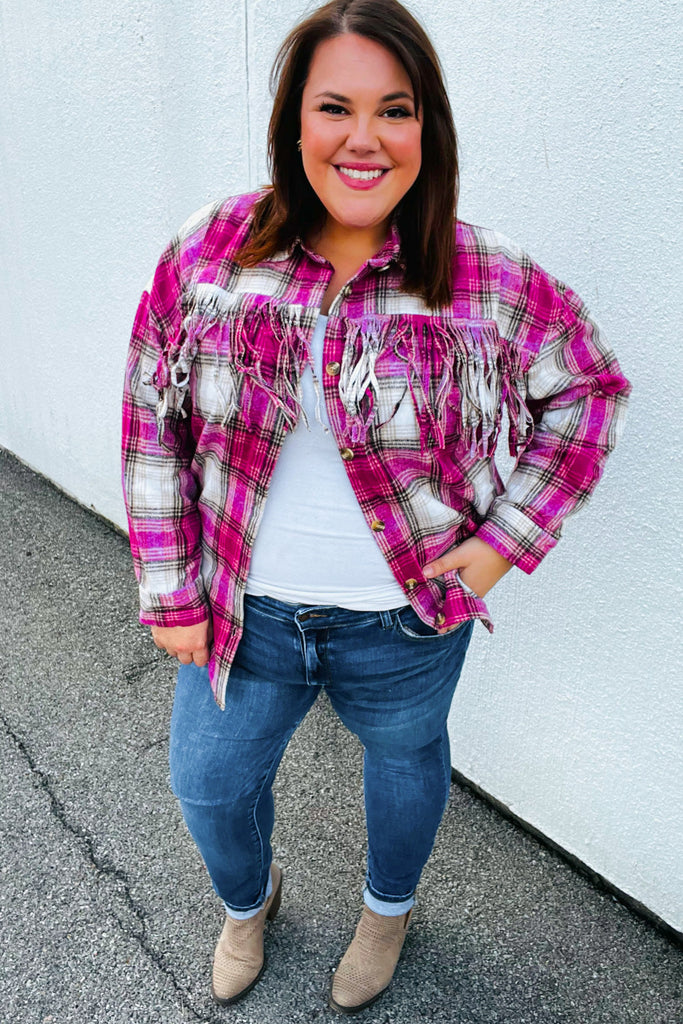 Magenta Plaid Fringe Button Down Shacket-Timber Brooke Boutique, Online Women's Fashion Boutique in Amarillo, Texas