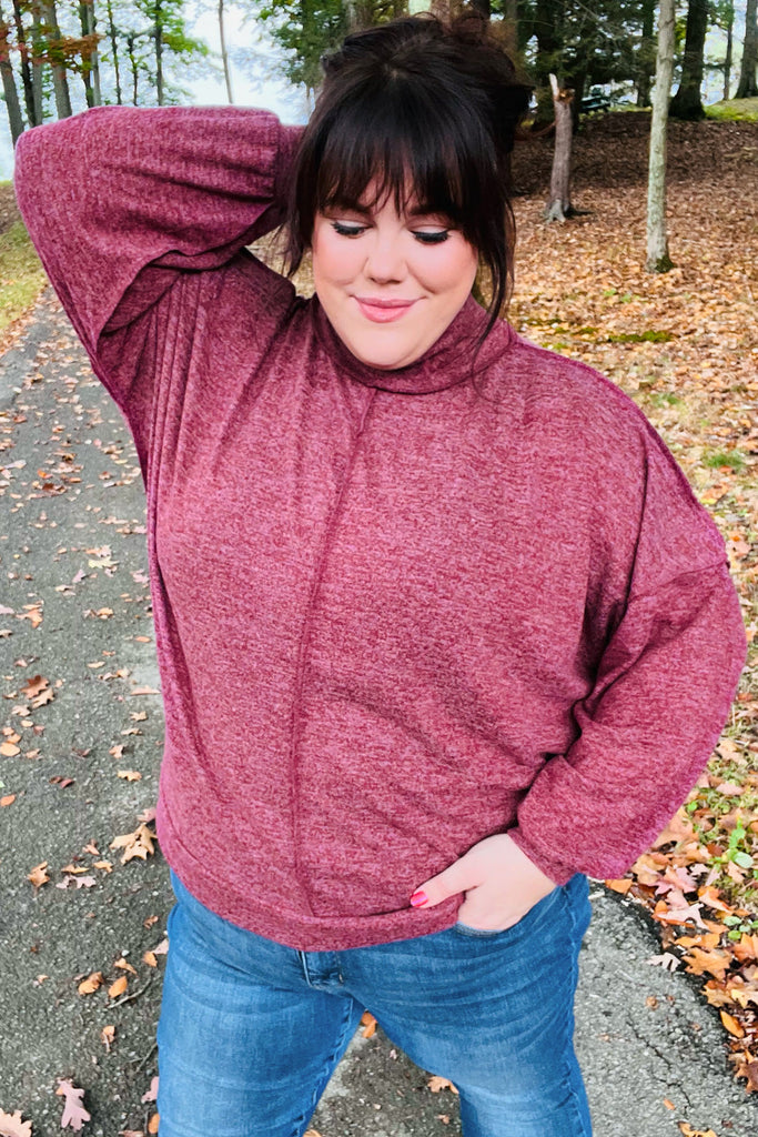 The Latest Edition Burgundy Brushed Mélange Mock Neck Sweater-Timber Brooke Boutique, Online Women's Fashion Boutique in Amarillo, Texas