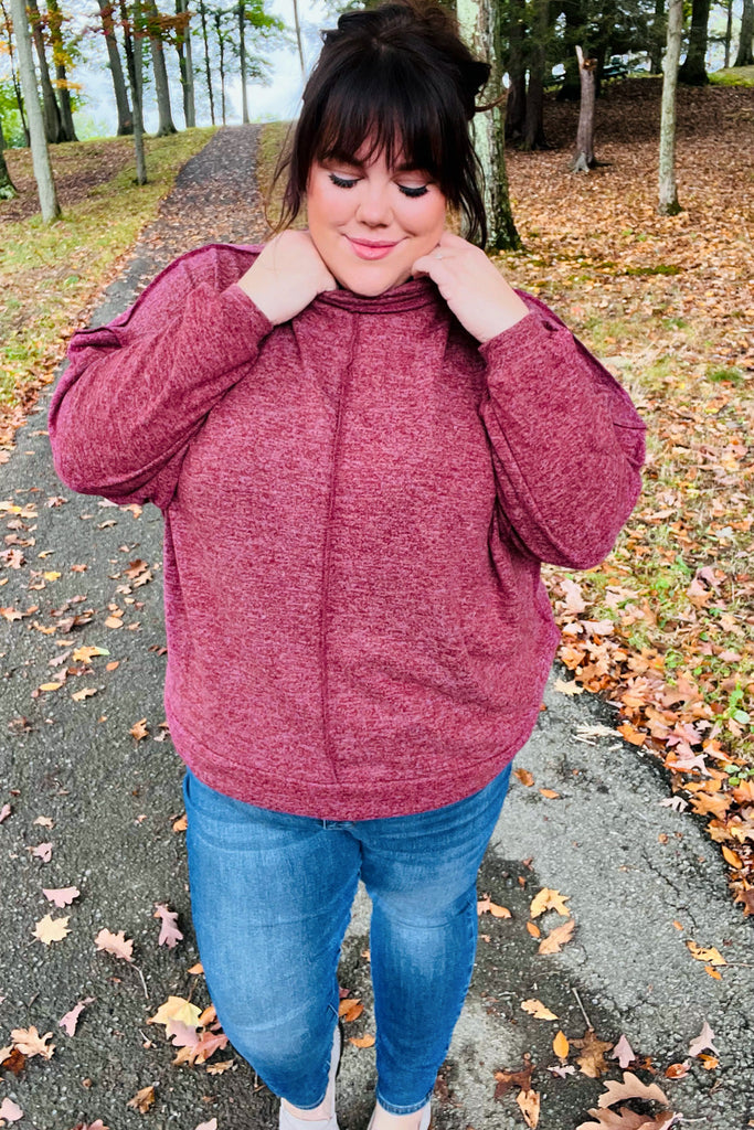 The Latest Edition Burgundy Brushed Mélange Mock Neck Sweater-Timber Brooke Boutique, Online Women's Fashion Boutique in Amarillo, Texas