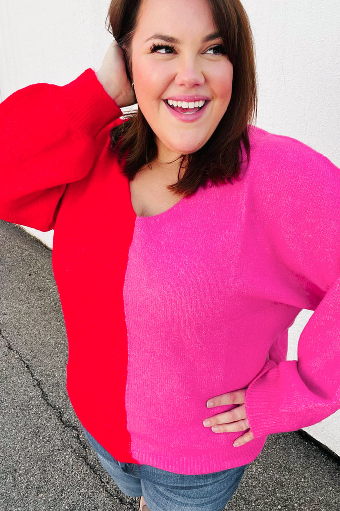 Red Fuchsia Half & Half V Neck Sweater-Timber Brooke Boutique, Online Women's Fashion Boutique in Amarillo, Texas