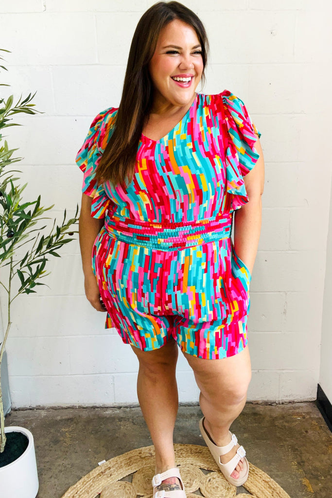 Feeling Bold Fuchsia Abstract Print Smocked Waist Flutter Sleeve Romper-Timber Brooke Boutique, Online Women's Fashion Boutique in Amarillo, Texas