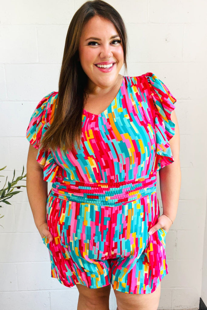 Feeling Bold Fuchsia Abstract Print Smocked Waist Flutter Sleeve Romper-Timber Brooke Boutique, Online Women's Fashion Boutique in Amarillo, Texas