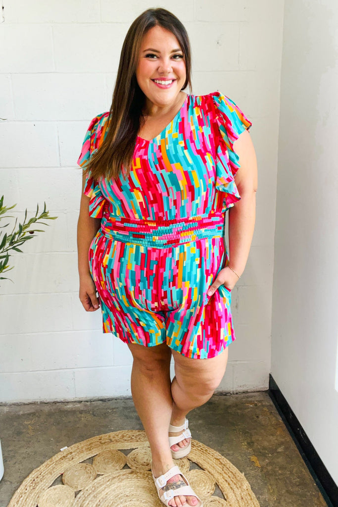 Feeling Bold Fuchsia Abstract Print Smocked Waist Flutter Sleeve Romper-Timber Brooke Boutique, Online Women's Fashion Boutique in Amarillo, Texas