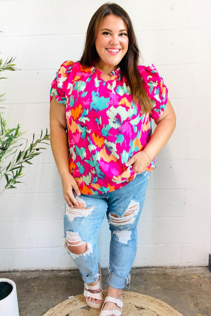 Summer Vibes Fuchsia Abstract Print Frill Notch Neck Puff Sleeve Top-Timber Brooke Boutique, Online Women's Fashion Boutique in Amarillo, Texas