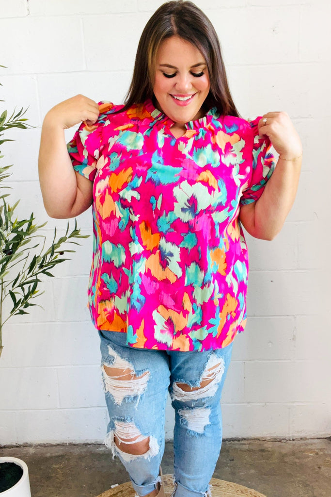 Summer Vibes Fuchsia Abstract Print Frill Notch Neck Puff Sleeve Top-Timber Brooke Boutique, Online Women's Fashion Boutique in Amarillo, Texas