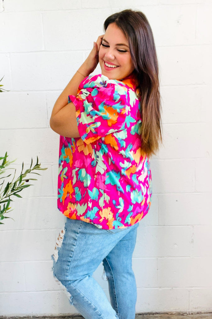 Summer Vibes Fuchsia Abstract Print Frill Notch Neck Puff Sleeve Top-Timber Brooke Boutique, Online Women's Fashion Boutique in Amarillo, Texas