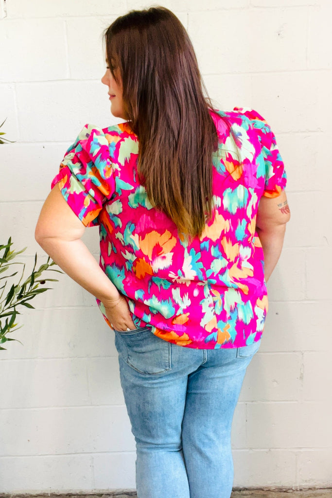 Summer Vibes Fuchsia Abstract Print Frill Notch Neck Puff Sleeve Top-Timber Brooke Boutique, Online Women's Fashion Boutique in Amarillo, Texas