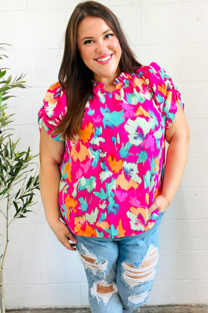 Summer Vibes Fuchsia Abstract Print Frill Notch Neck Puff Sleeve Top-Timber Brooke Boutique, Online Women's Fashion Boutique in Amarillo, Texas