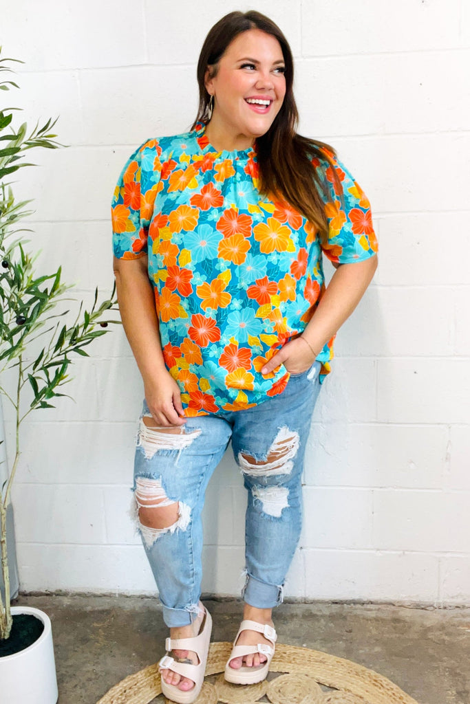 Vacay Ready Blue & Orange Floral Frill Mock Neck Top-Timber Brooke Boutique, Online Women's Fashion Boutique in Amarillo, Texas