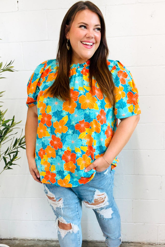 Vacay Ready Blue & Orange Floral Frill Mock Neck Top-Timber Brooke Boutique, Online Women's Fashion Boutique in Amarillo, Texas