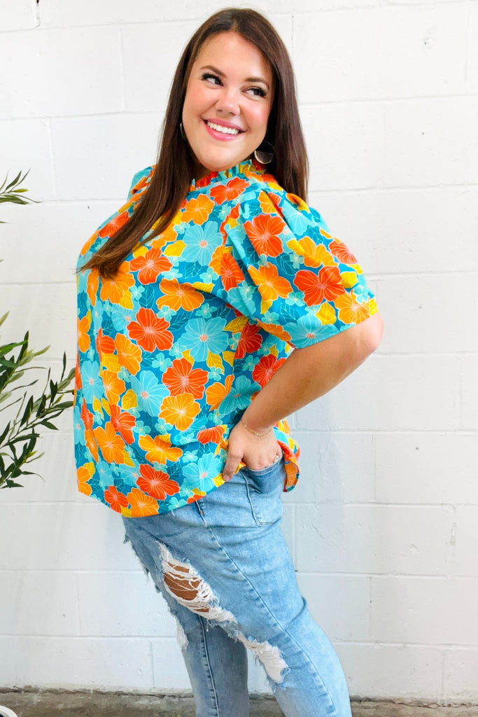 Vacay Ready Blue & Orange Floral Frill Mock Neck Top-Timber Brooke Boutique, Online Women's Fashion Boutique in Amarillo, Texas