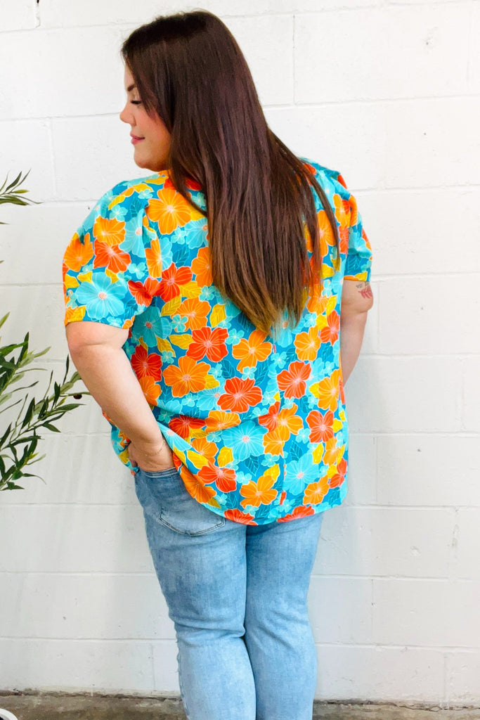 Vacay Ready Blue & Orange Floral Frill Mock Neck Top-Timber Brooke Boutique, Online Women's Fashion Boutique in Amarillo, Texas