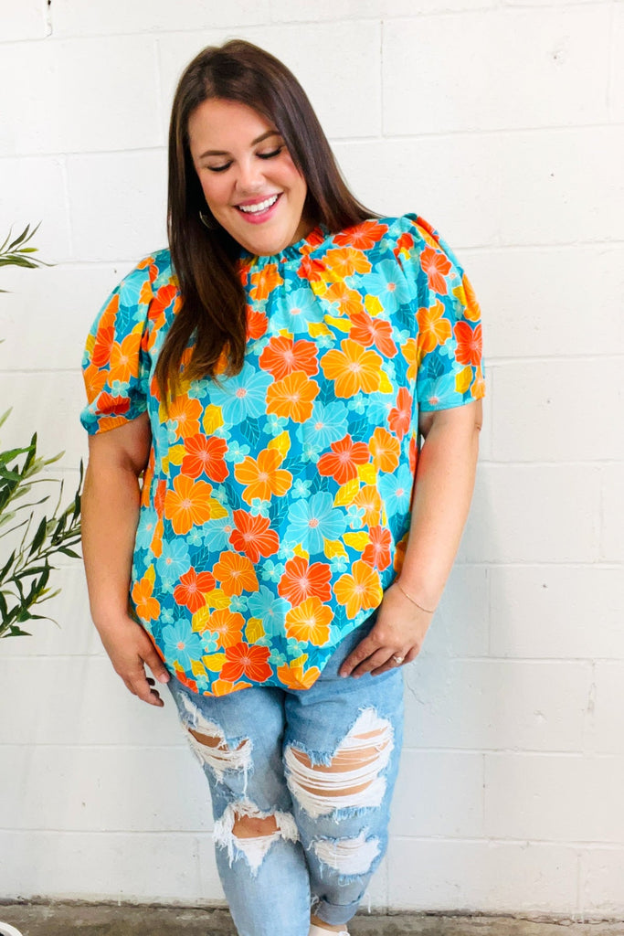 Vacay Ready Blue & Orange Floral Frill Mock Neck Top-Timber Brooke Boutique, Online Women's Fashion Boutique in Amarillo, Texas