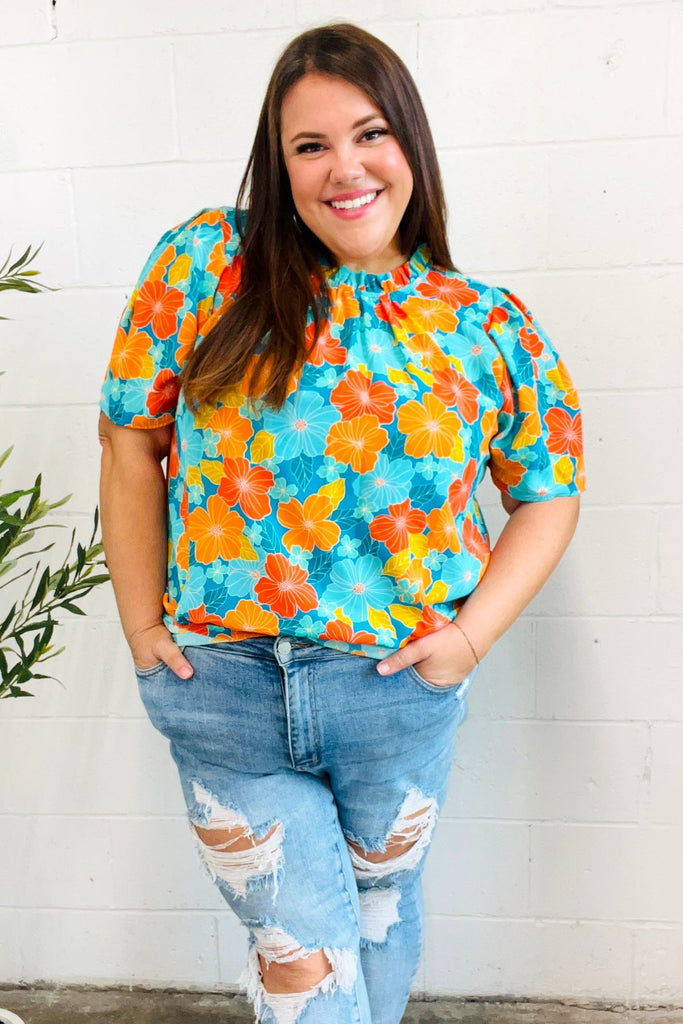 Vacay Ready Blue & Orange Floral Frill Mock Neck Top-Timber Brooke Boutique, Online Women's Fashion Boutique in Amarillo, Texas