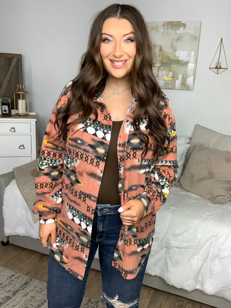 Trendy Rust Aztec Print Button Down Brushed Shacket-Timber Brooke Boutique, Online Women's Fashion Boutique in Amarillo, Texas