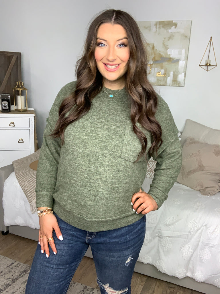 Stay Awhile Army Green Drop Shoulder Melange Sweater-Timber Brooke Boutique, Online Women's Fashion Boutique in Amarillo, Texas