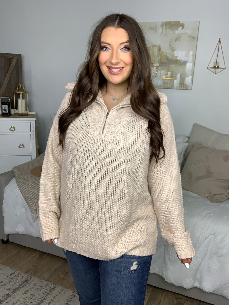 Feeling It Taupe Half Zip Collared Knit Sweater-Timber Brooke Boutique, Online Women's Fashion Boutique in Amarillo, Texas
