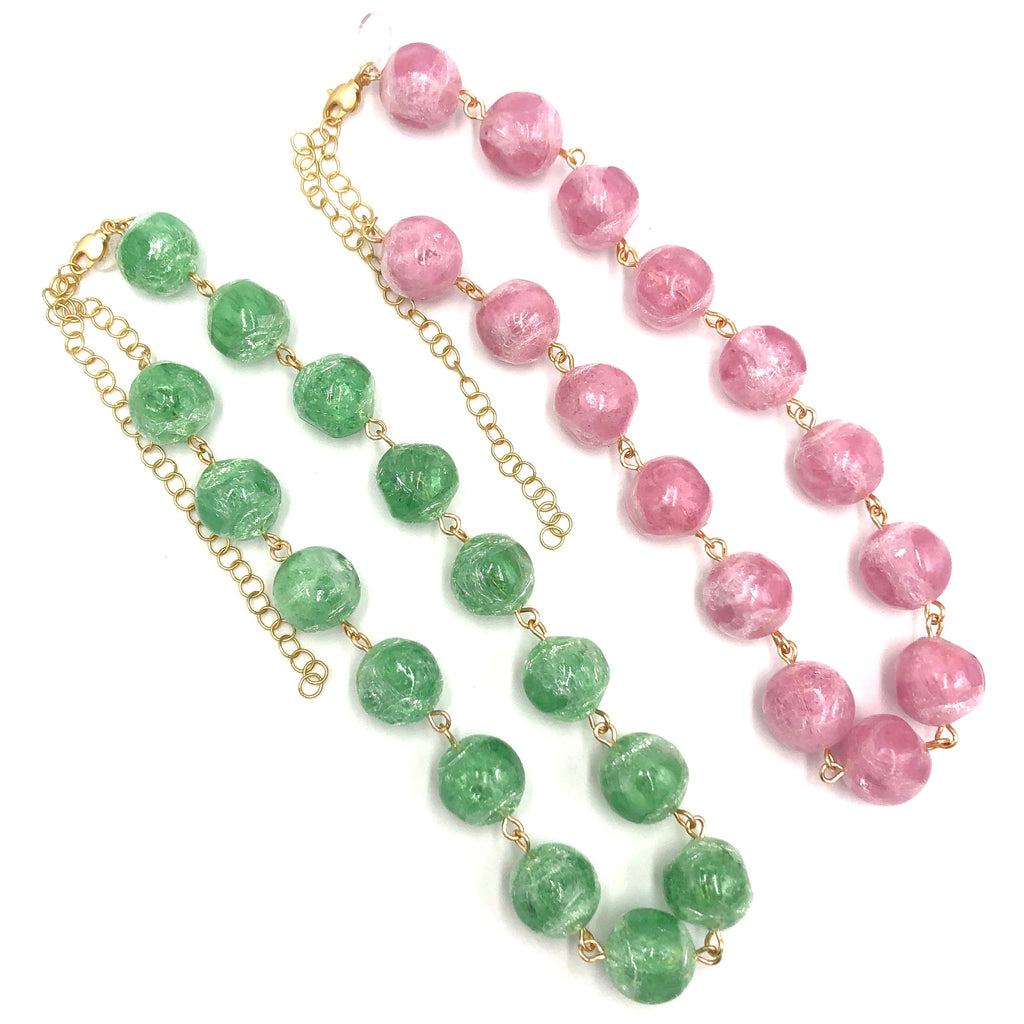 green and pick beaded necklaces