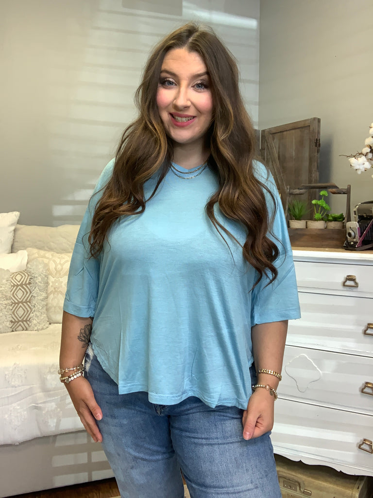 V-Neck Exposed Seam Button Detail-Short Sleeve Top-Timber Brooke Boutique, Online Women's Fashion Boutique in Amarillo, Texas