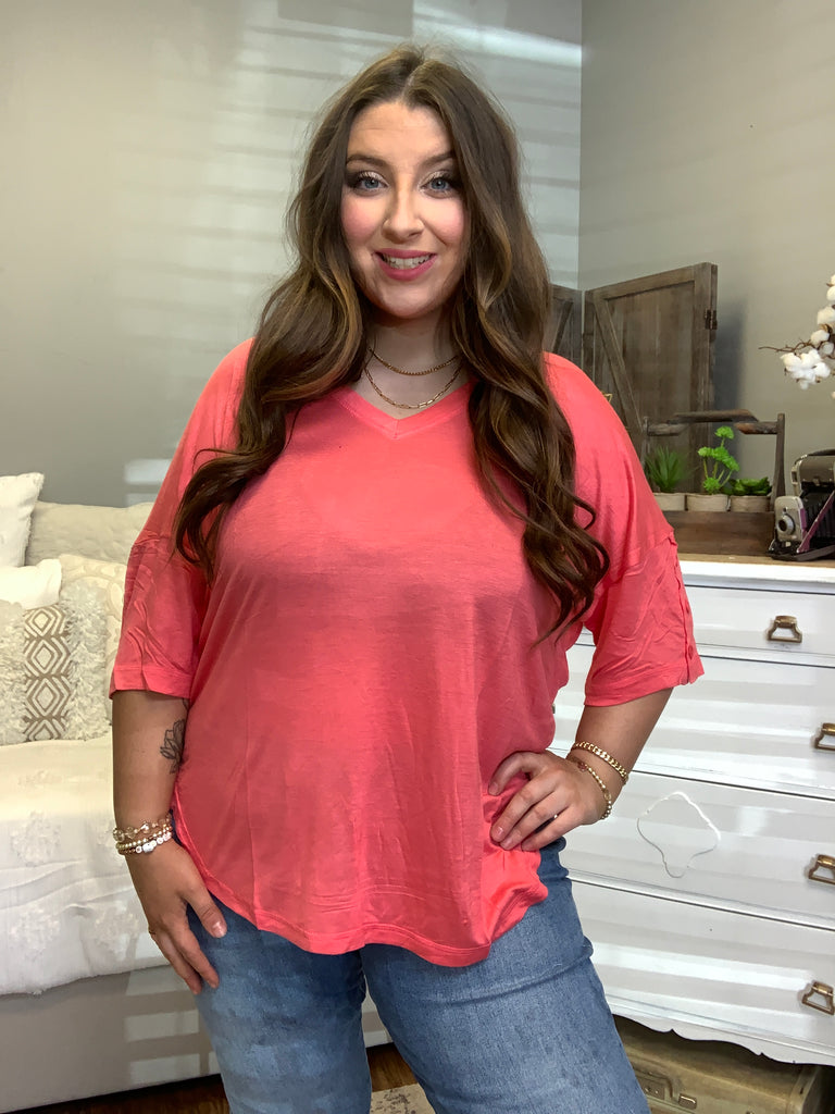 V-Neck Exposed Seam Button Detail-Short Sleeve Top-Timber Brooke Boutique, Online Women's Fashion Boutique in Amarillo, Texas