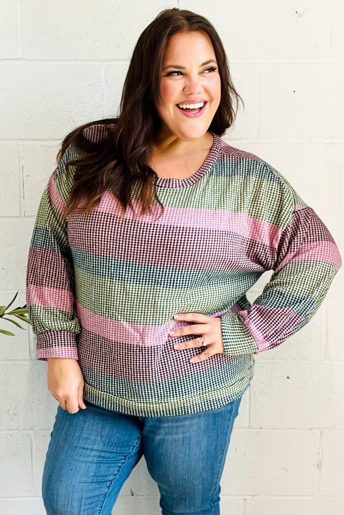 Classic Chic Olive & Burgundy Striped Textured Knit Top-Timber Brooke Boutique, Online Women's Fashion Boutique in Amarillo, Texas