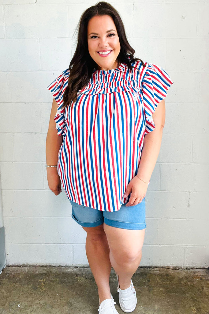 American Red White & Blue Stripe Shirred Yoke Neck Top-Timber Brooke Boutique, Online Women's Fashion Boutique in Amarillo, Texas