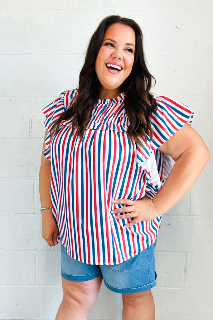 American Red White & Blue Stripe Shirred Yoke Neck Top-Timber Brooke Boutique, Online Women's Fashion Boutique in Amarillo, Texas