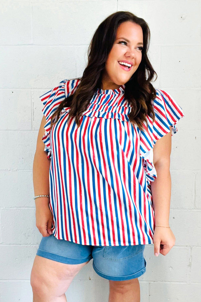 American Red White & Blue Stripe Shirred Yoke Neck Top-Timber Brooke Boutique, Online Women's Fashion Boutique in Amarillo, Texas